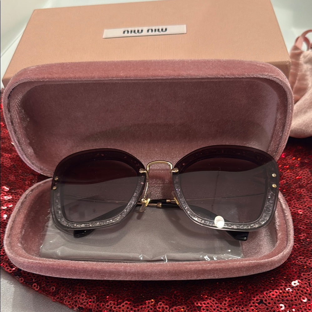 NWOT Miu Miu Brown and Gray Crystal Glitter Tapered Square Sunglasses
